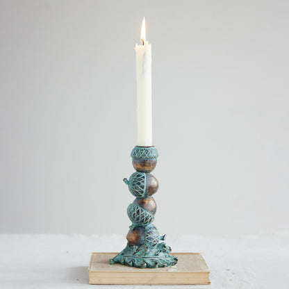 Resin Stacked Acorns Taper Holder, Verdigris & Copper Finish