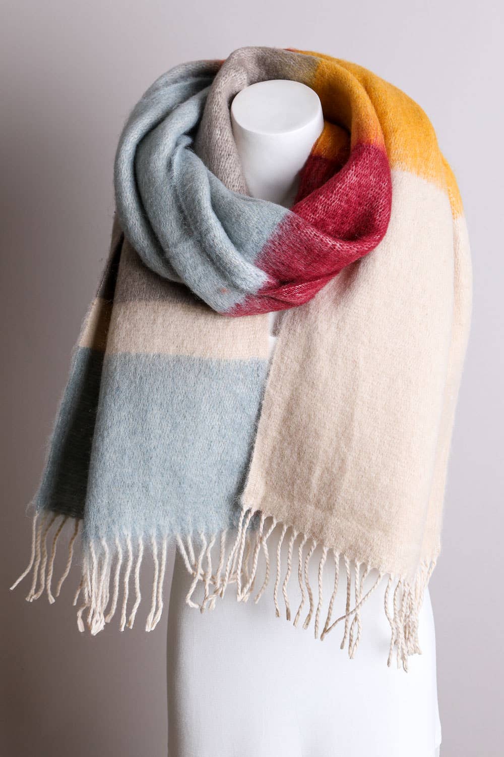 Lt.Blue/Oatmeal Winter Color Block Faux Mohair Scarf