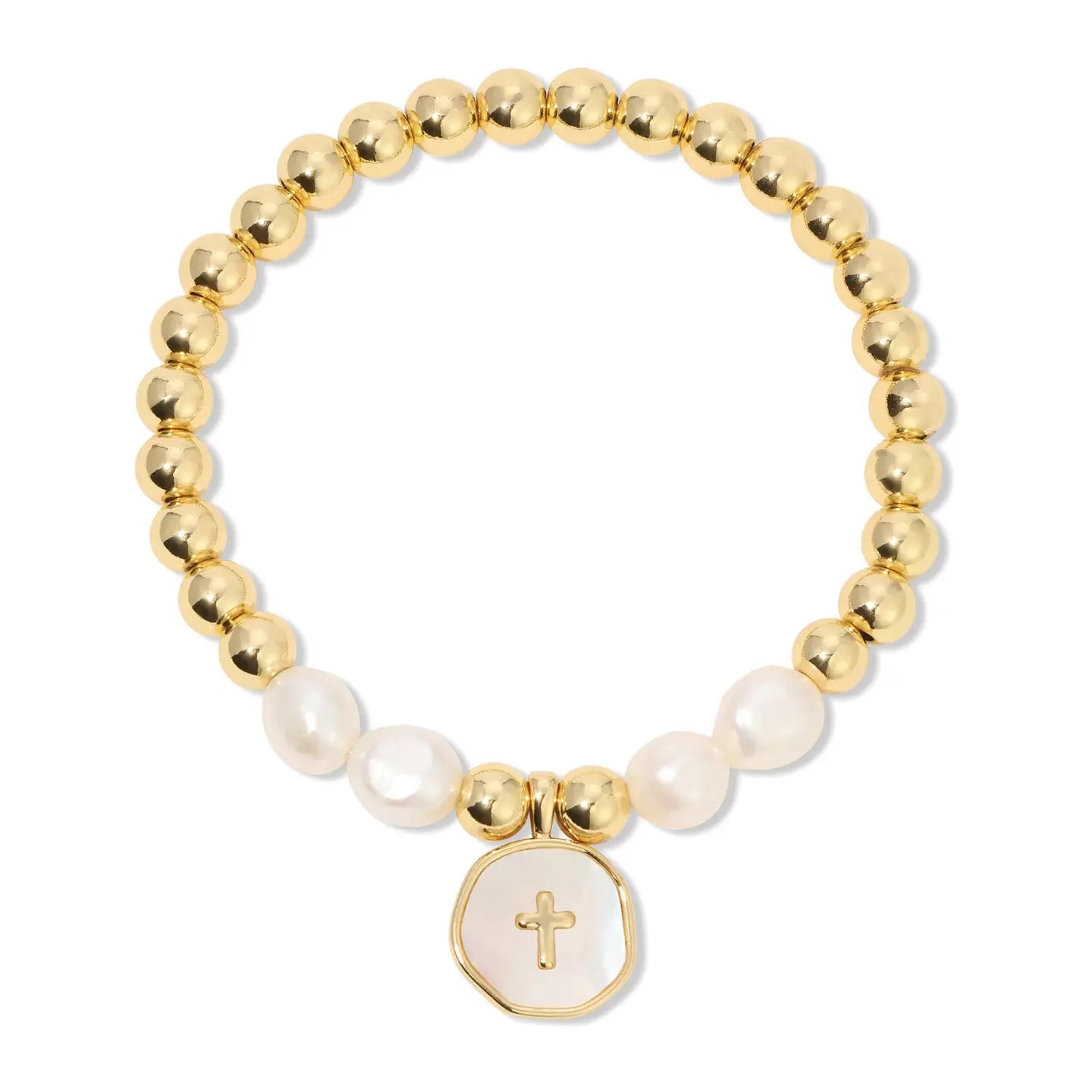 Cross & Pearls Stretch Charm Bracelet