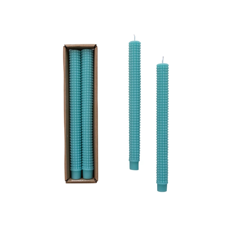 Cyan Unscented Hobnail Taper Candles in Box, Set of 2 (Approximate Burn Time 10 Hours)