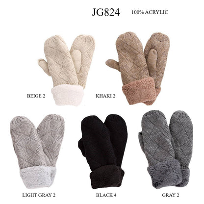 Fleece Cuffs Solid Knit Mitten Winter Gloves