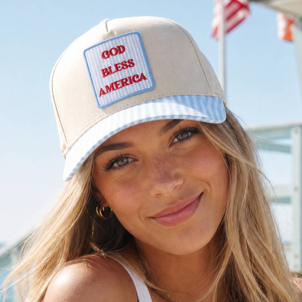 Gingham Trucker Hat, GOD BLESS AMERICA Embroidered Patch  SKY BLUE / ONE SIZE