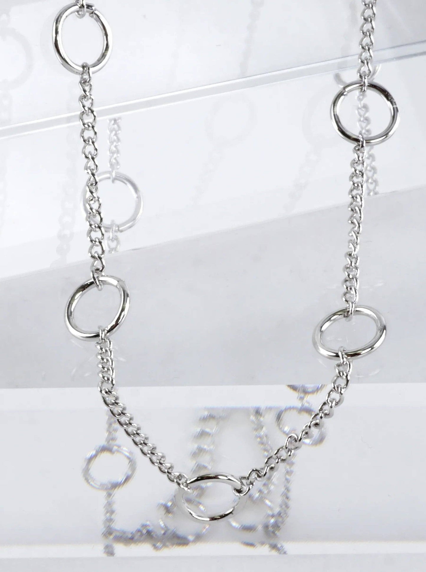 16 Inch Brass Circle Station Chain Necklace: White Gold Dipped
