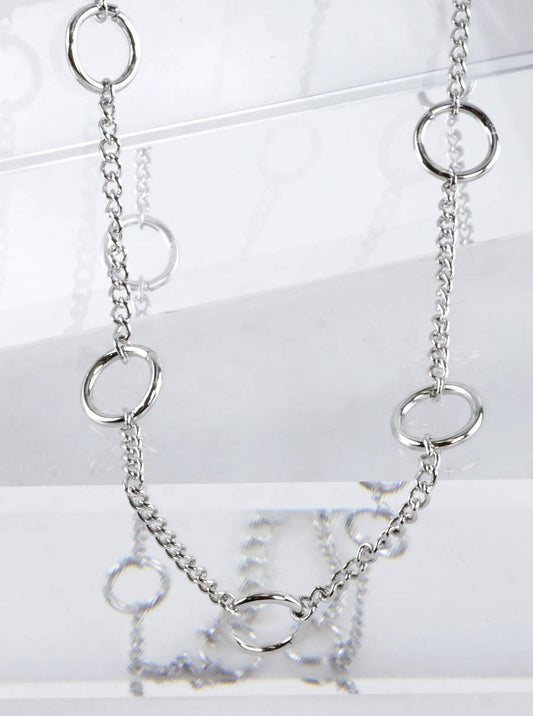 16 Inch Brass Circle Station Chain Necklace: White Gold Dipped
