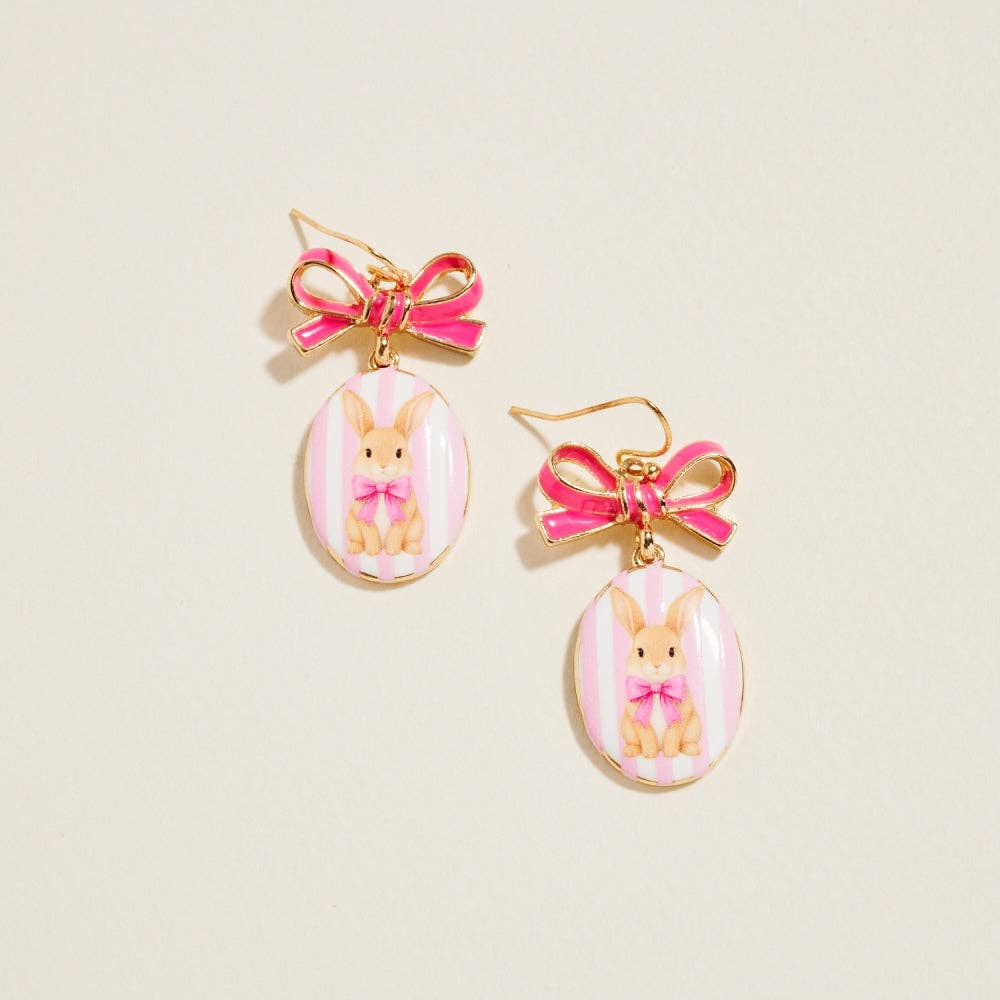 Hot Pink Oval Easter Rabbit Enamel Bow Ribbon Hook Earrings