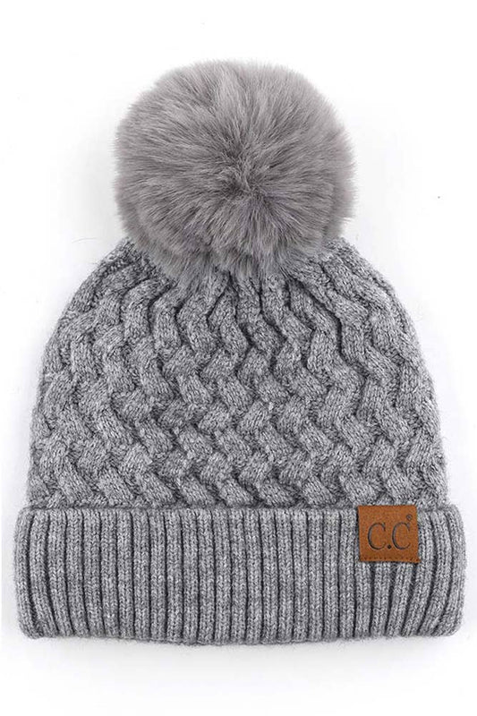 Dark Melange Gray Woven Cable Stitch Cuff Soft Pom Beanie Winter Hat: