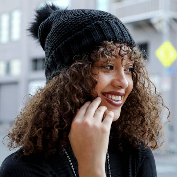 Black Chunky Knit Pom Beanie with Faux Sherpa Lining