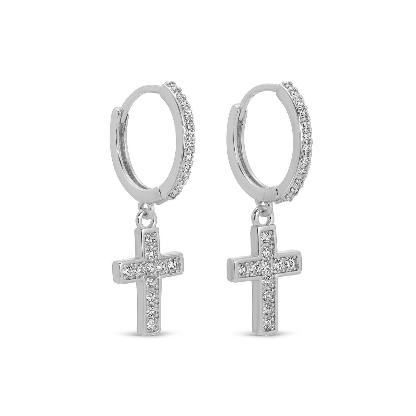 Silver Pave Huggies - Cross