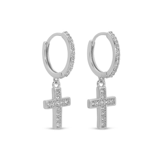 Silver Pave Huggies - Cross