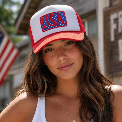 USA Embroidered Polka Dot Patch Foam Trucker Hat: RED/WHT/RED / ONE SIZE