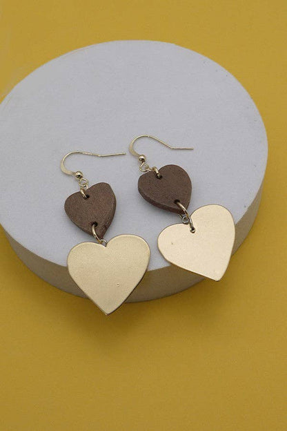 Matte Gold & Wood Double Heart Earring