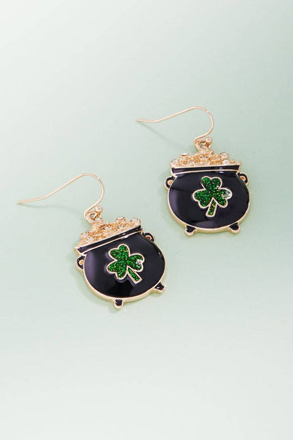 Saint Patricks Pot Of Gold Enamel Hook Earrings