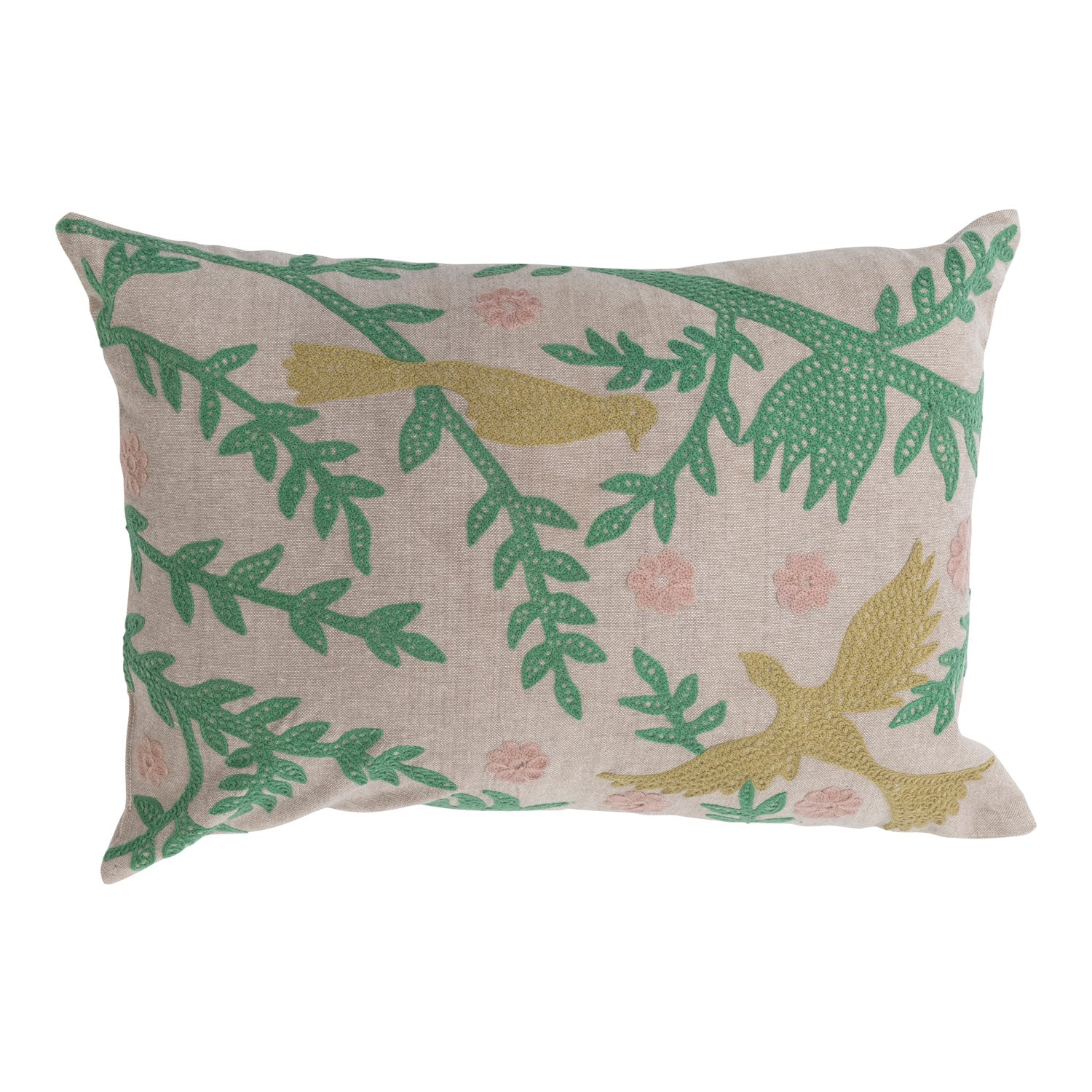 20" x 14" Cotton Chambray Lumbar Pillow with Bird Embroidery