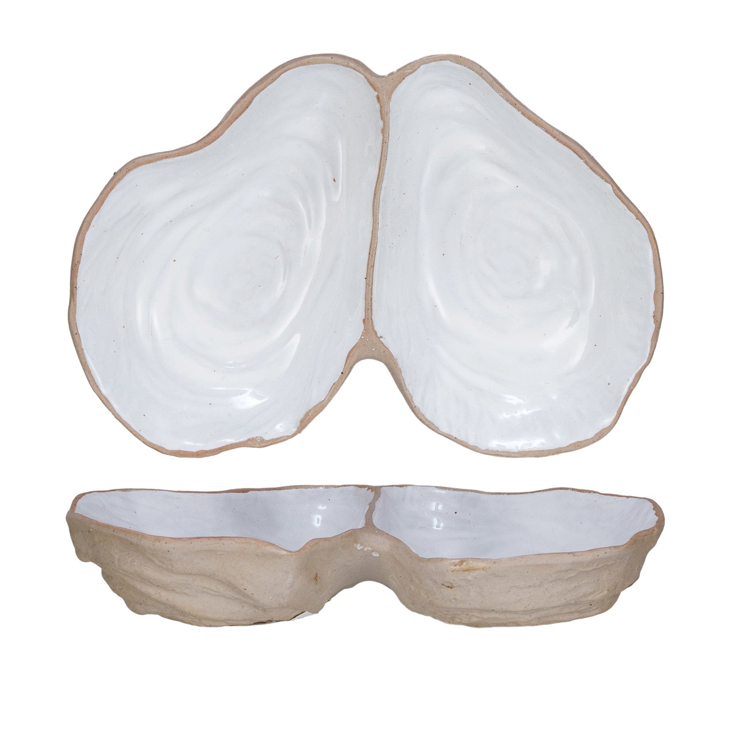 Stoneware Oyster Shell Shaped Dish w/ 2 Sections (Each One Will Vary)
