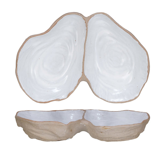 Stoneware Oyster Shell Shaped Dish w/ 2 Sections (Each One Will Vary)