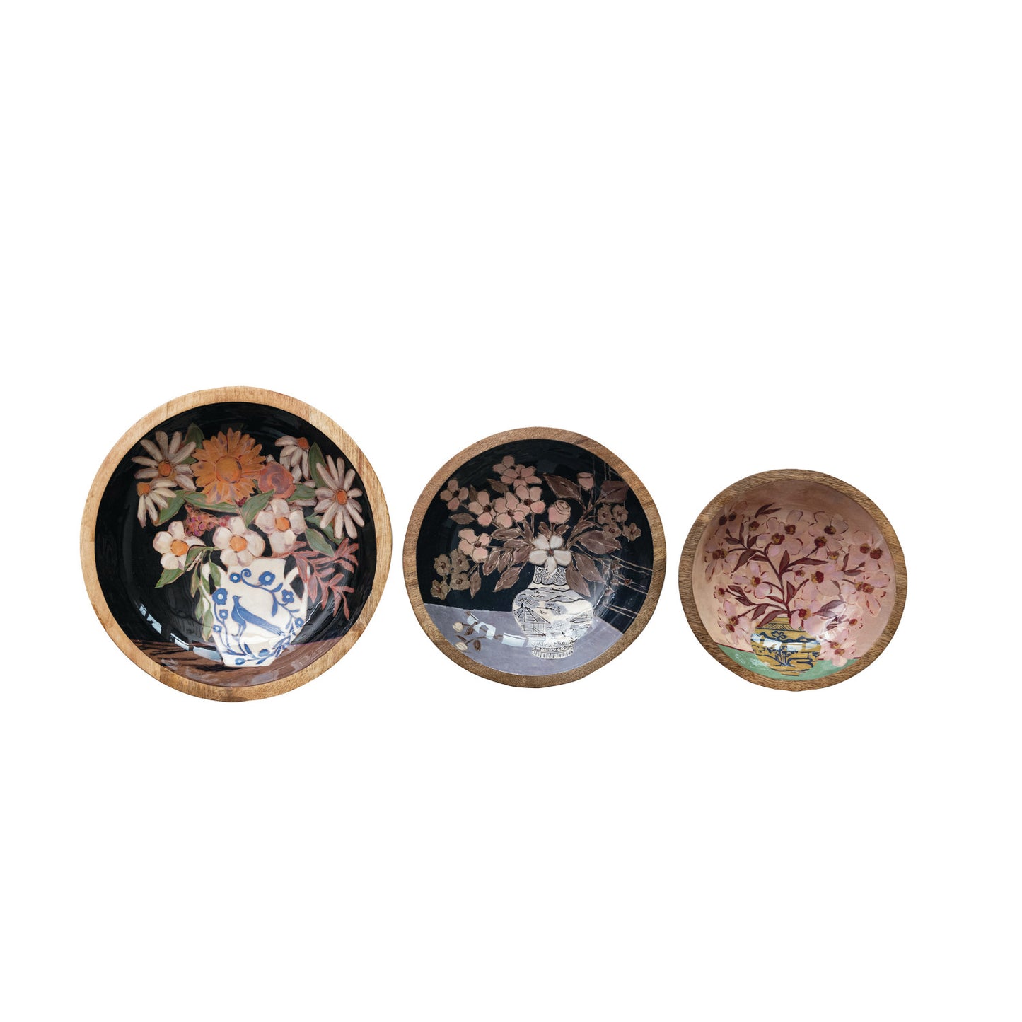 Enameled Mango Wood Bowls w/ Flowers in Vase, Set of 3 ©
