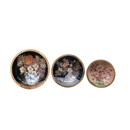 Enameled Mango Wood Bowls w/ Flowers in Vase, Set of 3 ©