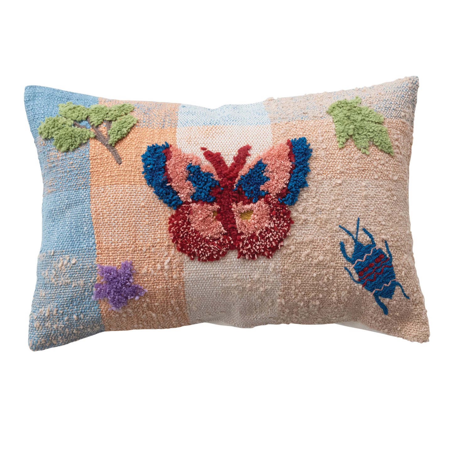 Woven Fabric Indoor/Outdoor Lumbar Pillow with Tufting & Embroidery