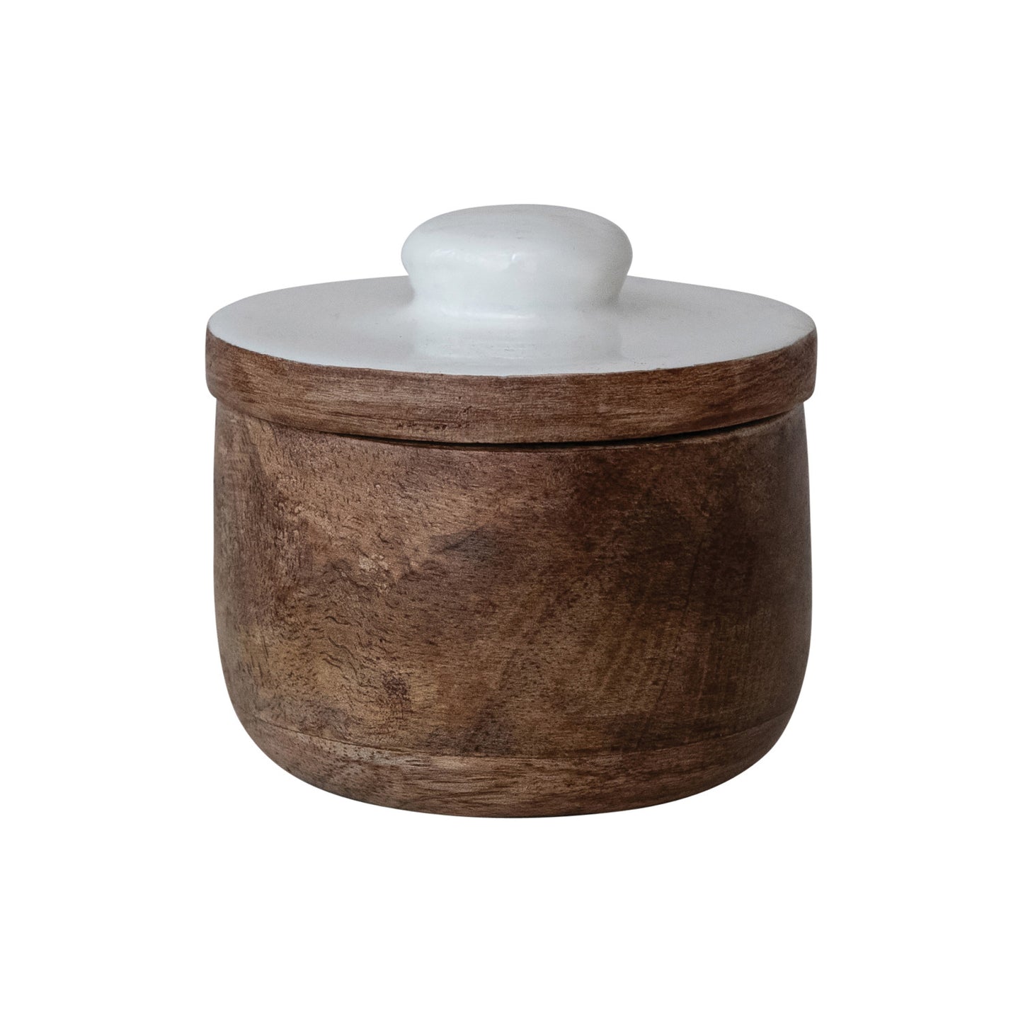 Mango Wood Pinch Pot w/ Enameled Lid, Natural & White