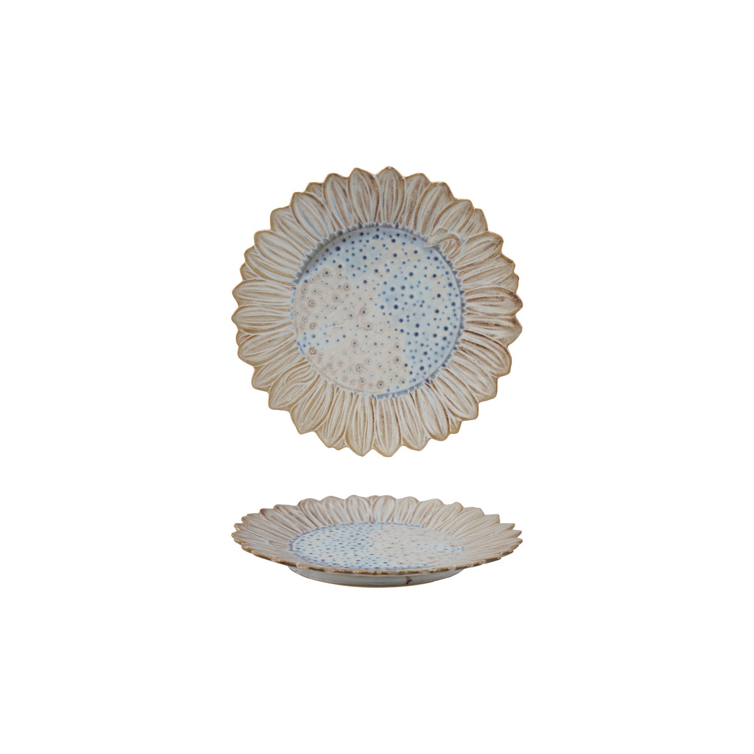 Stoneware Flower Shaped Plate, Reactive Glaze, White & Blue (Each One Will Vary)