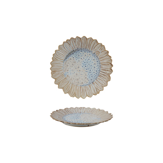 Stoneware Flower Shaped Plate, Reactive Glaze, White & Blue (Each One Will Vary)