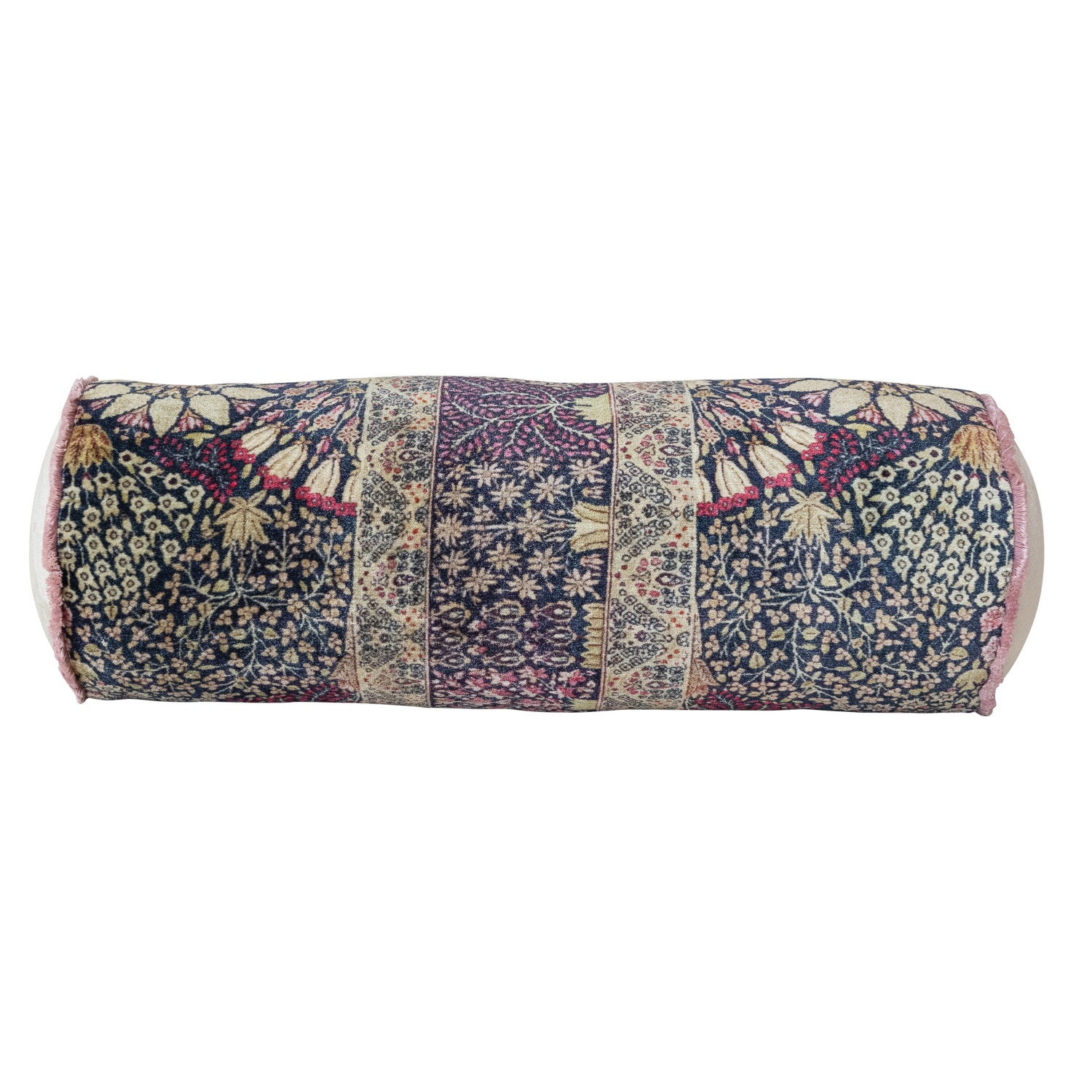 Cotton Velvet Printed Bolster Pillow w/ Botanical Pattern & Eyelash Fringe