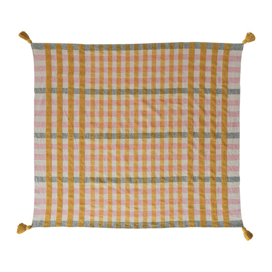 Woven Recycled Cotton Jacquard Throw w/ Tassels Plaid
