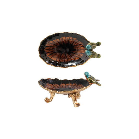 Enameled Metal Footed Jewelry Dish w/ 3D Birds, Gold Finish & Multi Color