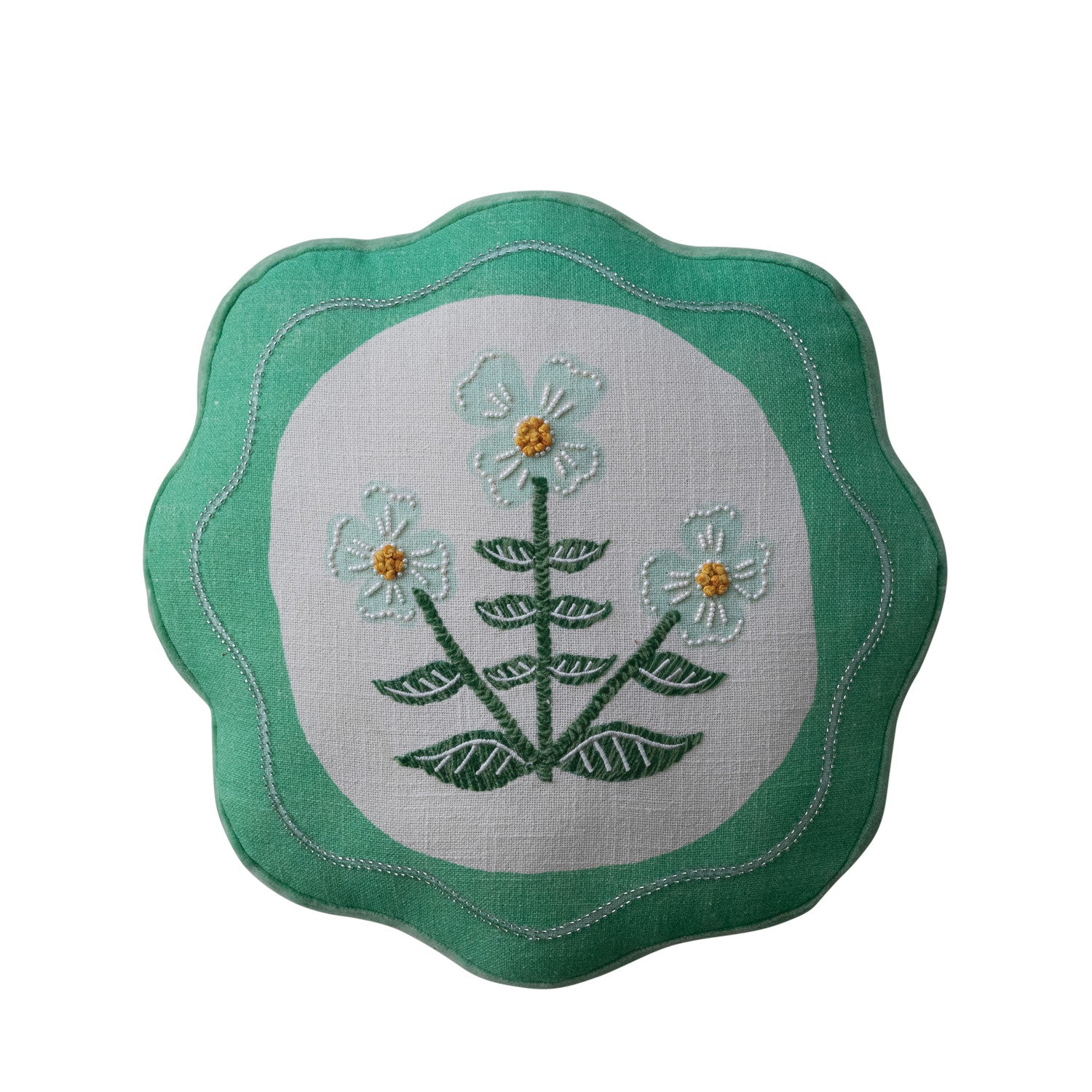 13-1/2" Round Cotton Scalloped Pillow with Embroidery & Velvet Back ©