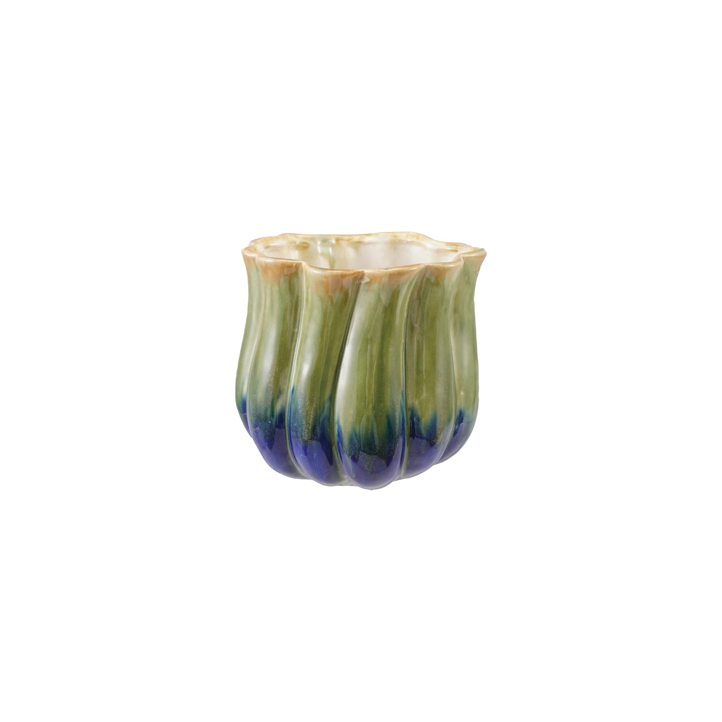 Stoneware Two-Tone Fluted Planter, Green & Blue (Holds 4" Pot) (Each One Will Vary)