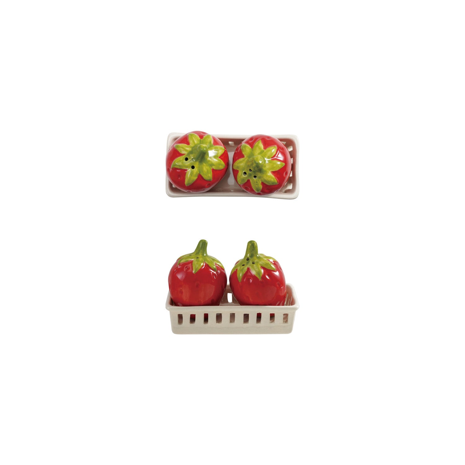 Stoneware Strawberry Shaped Salt & Pepper Shakers with Berry Basket Shaped Holder, Set of 3