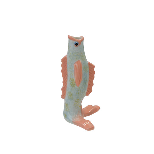 Hand-Painted Stoneware Vintage Reproduction Fish Shaped Vase, Orange Color, Blue & Green