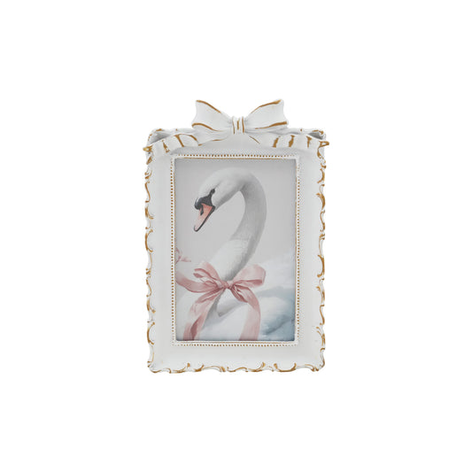 Plastic Photo Frame with Bow, Antique White & Gold Finish (Holds 4" x 6" Photo)