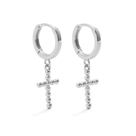 Silver Cross Drop Huggie Earrings