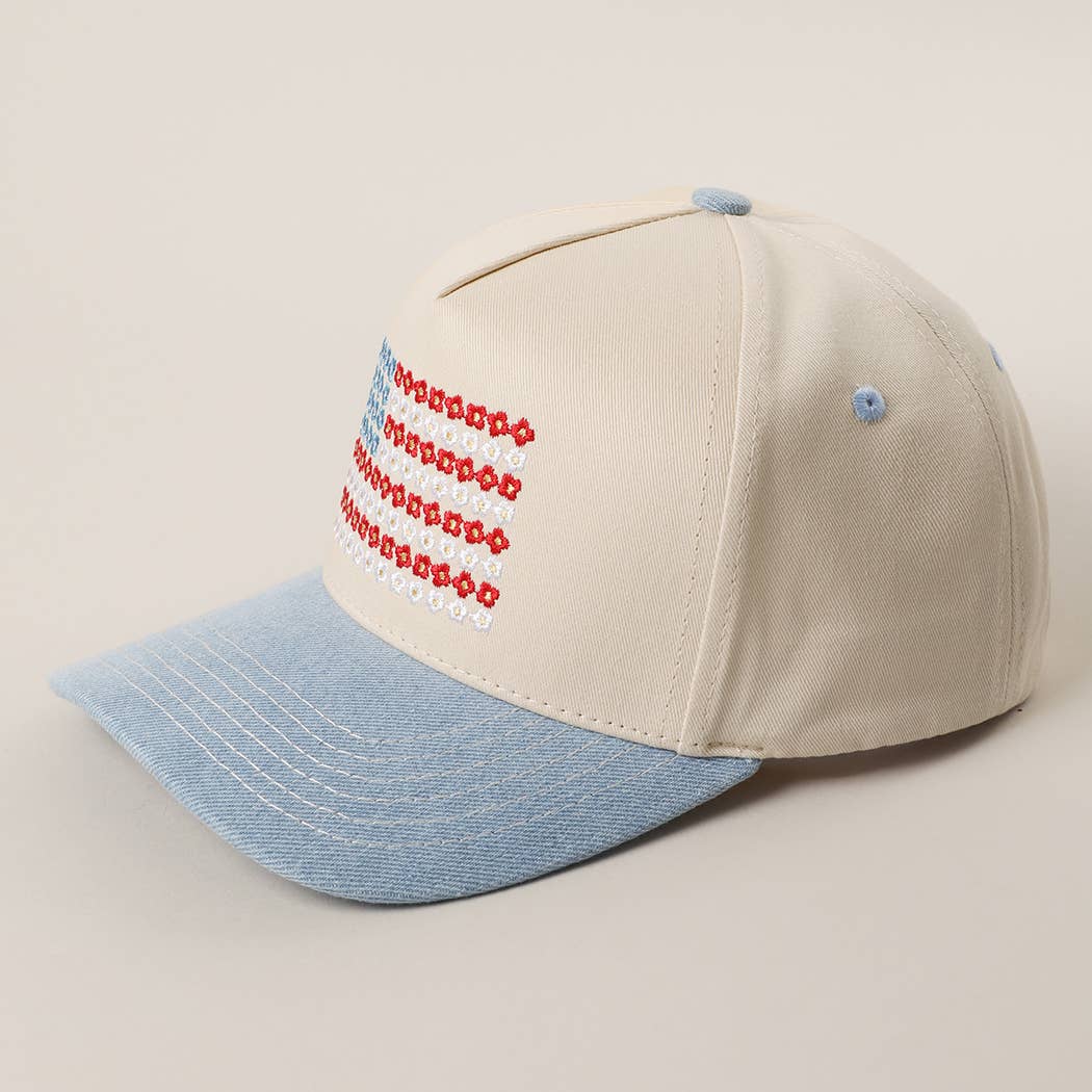 Lt. Denim Floral American Flag Embroidered Two-Tone Denim Trucker Hat