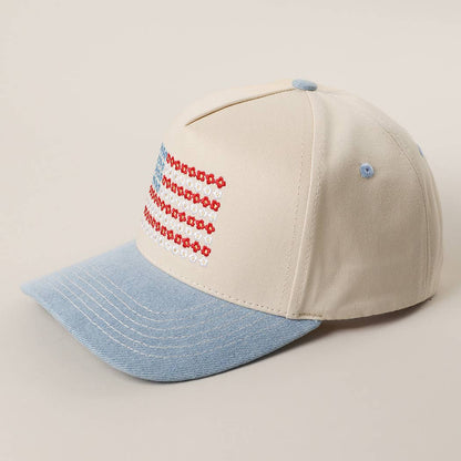 Lt. Denim Floral American Flag Embroidered Two-Tone Denim Trucker Hat