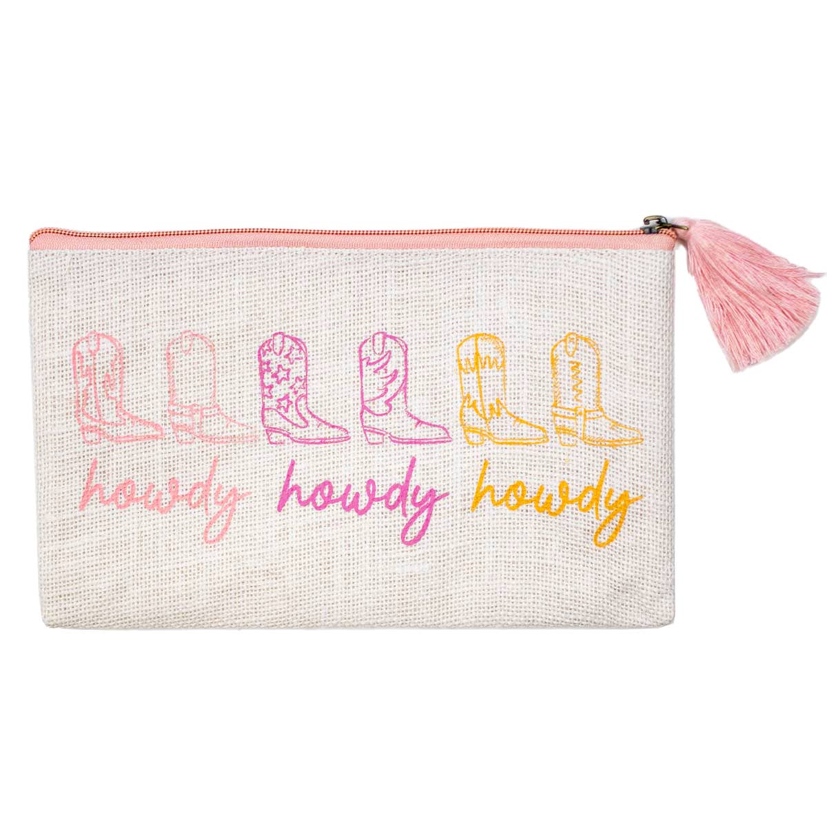 Howdy Cowgirl Jute Cosmetic Bag    White/Pink/Orange   10x6