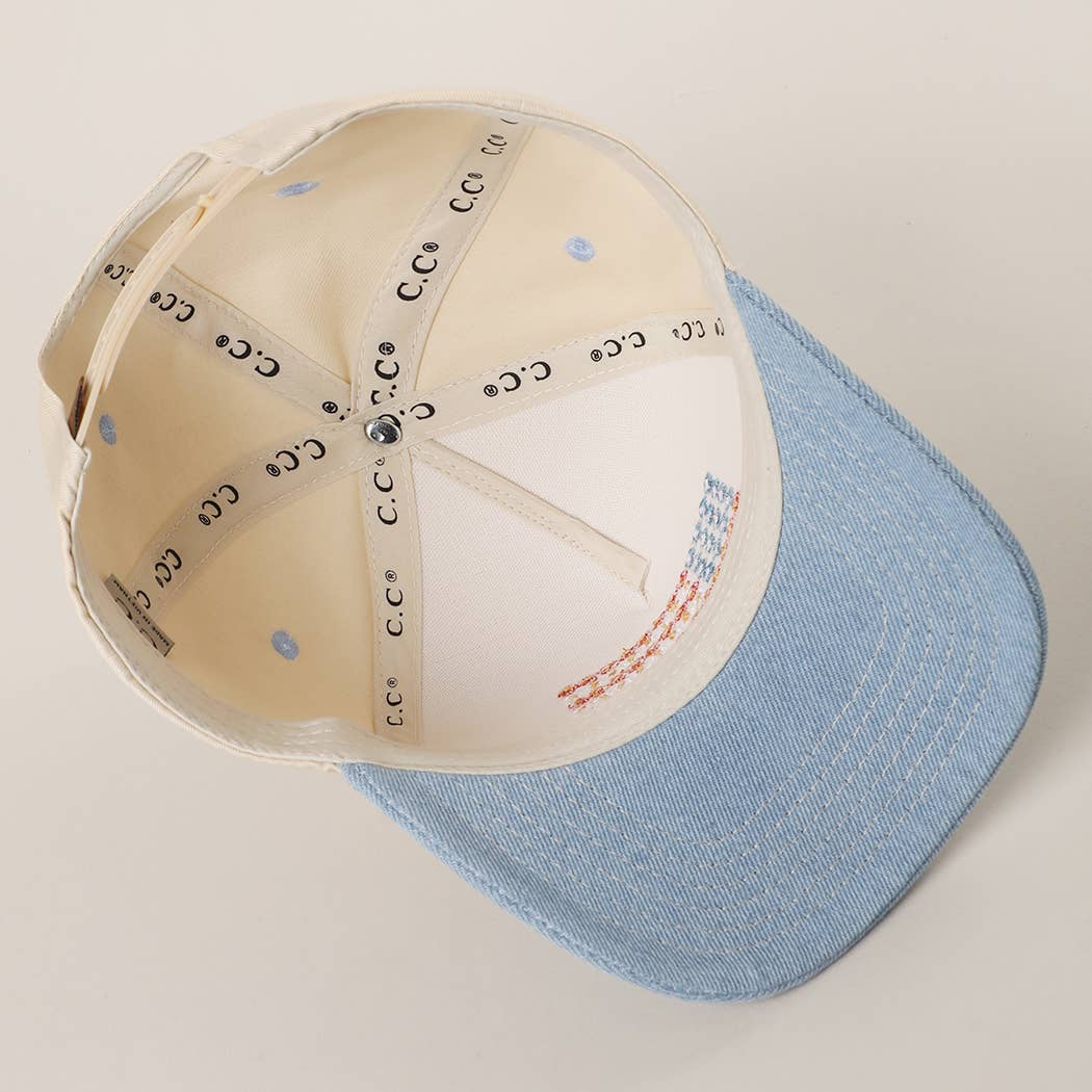 Lt. Denim Floral American Flag Embroidered Two-Tone Denim Trucker Hat