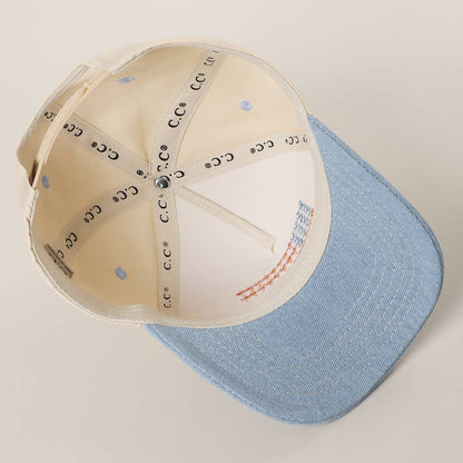 Lt. Denim Floral American Flag Embroidered Two-Tone Denim Trucker Hat