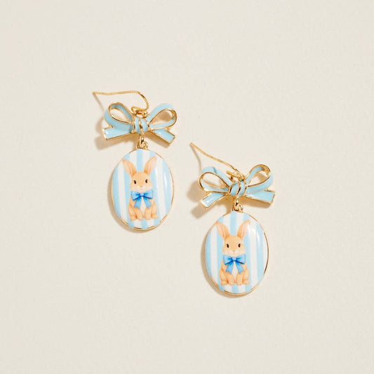 Light Blue Easter Rabbit Enamel Bow Ribbon Hook Earrings