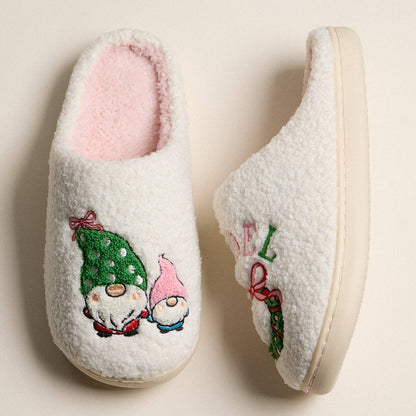 Plush Holiday Slippers Embroidered with Festive Gnome and GNOEL Wreath