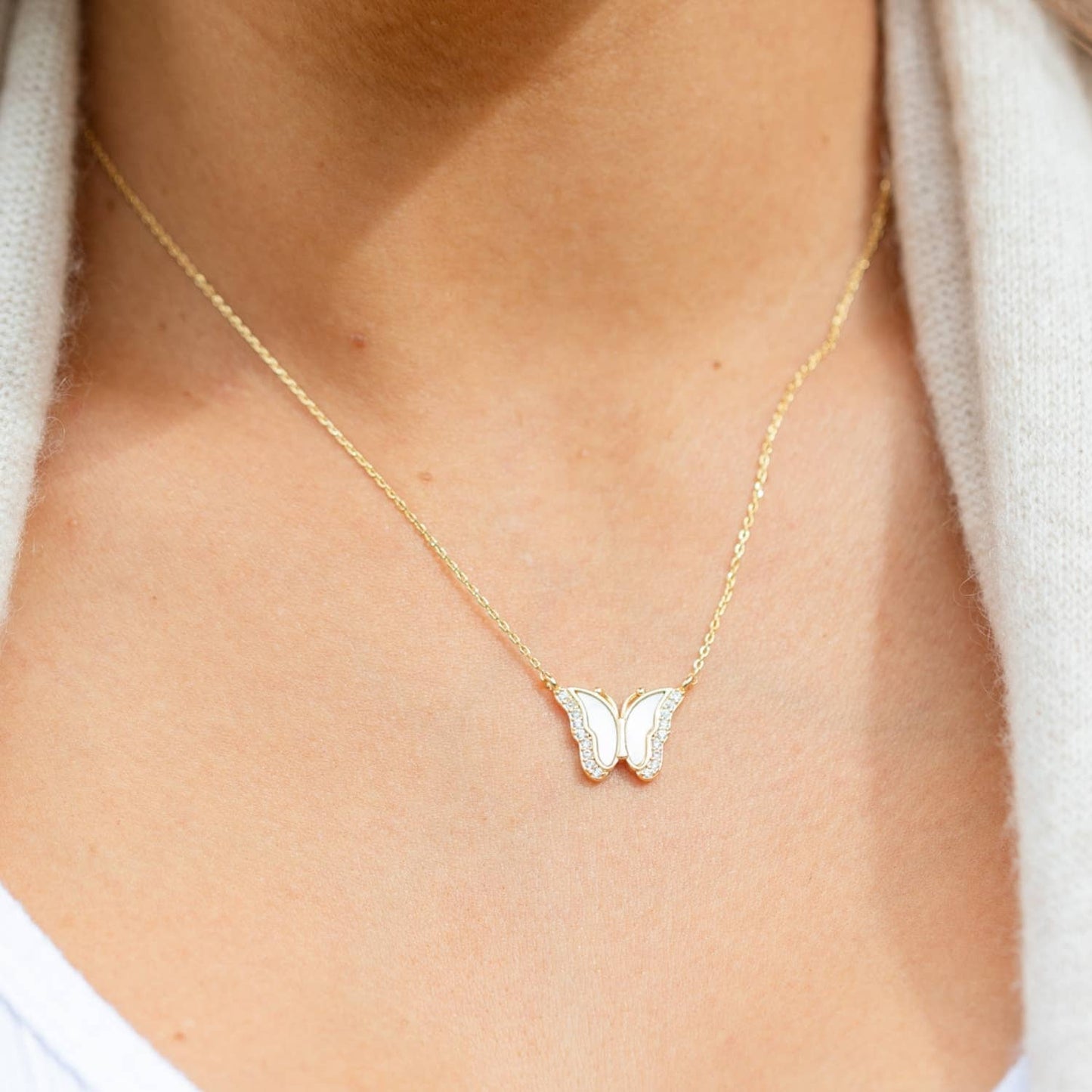 Sweet Shell Pave Butterfly Necklace