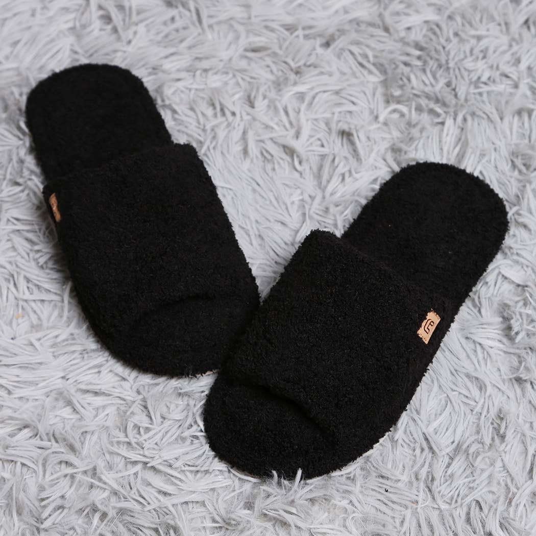 Black Open Toe Solid Luxury Soft Home Slippers