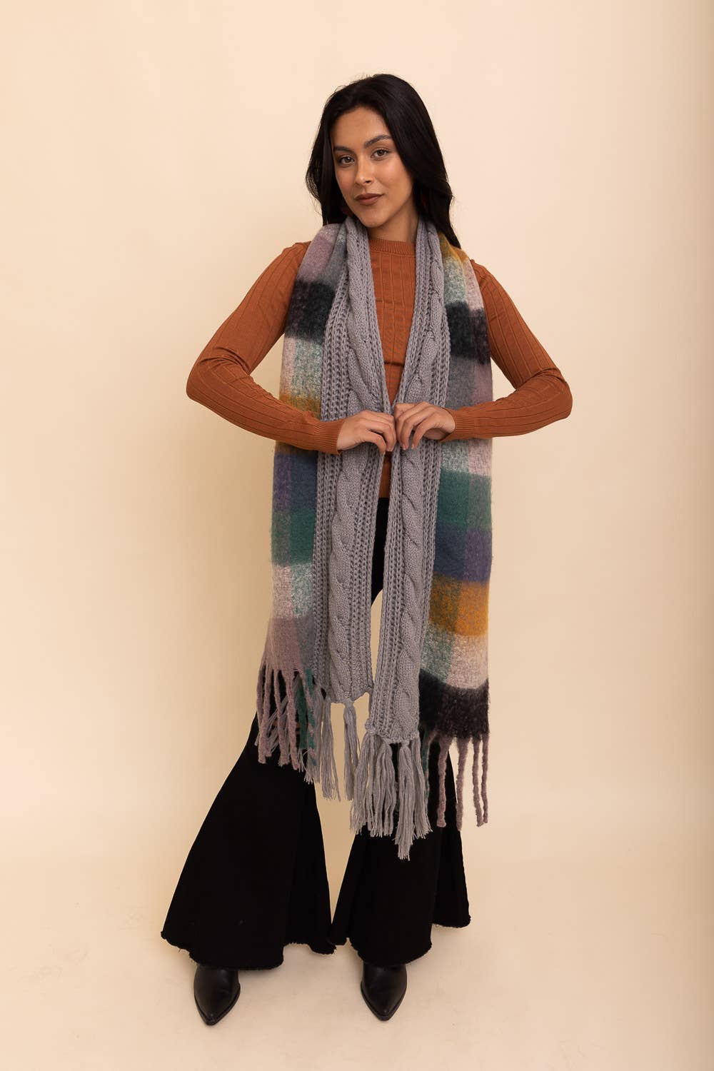 Cozy Knit Dual Textured Scarf w/ Tassels