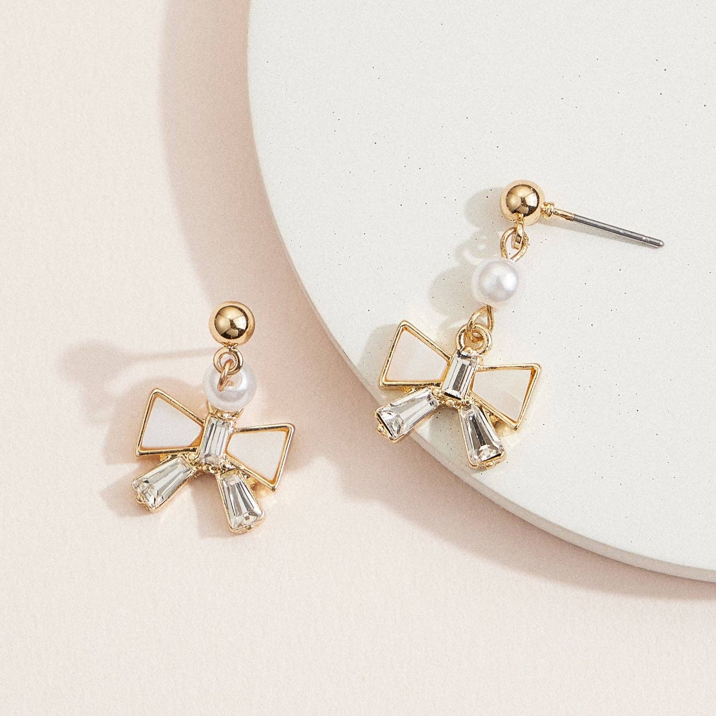 Gold Bow Drop Earrings with Mother of Pearl & Crystal