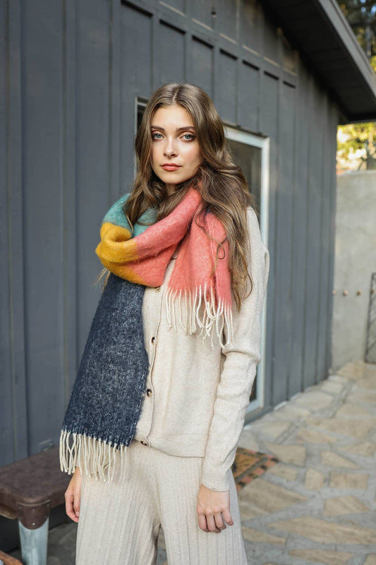 Rose/Navy Winter Color Block Faux Mohair Scarf