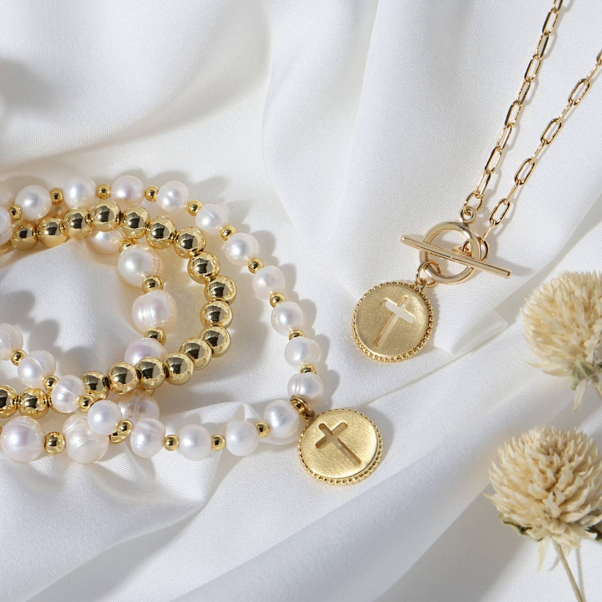 Gold Cross Paperclip Toggle Necklace