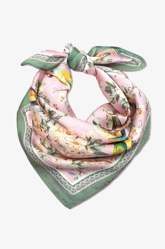 Pink Floral Bird Print Silky Feel Bandana Scarf