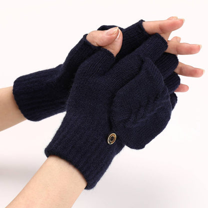 Gray, M Cable Knit Flap Half-Finger Warm Gloves