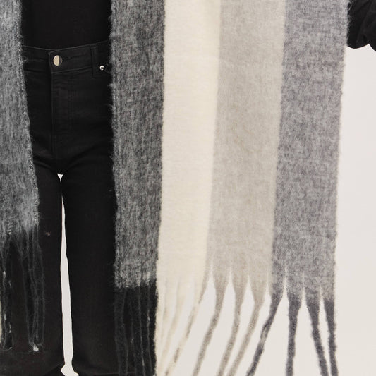 Black Solid Brushed Color Stripe Block Fringe Scarf